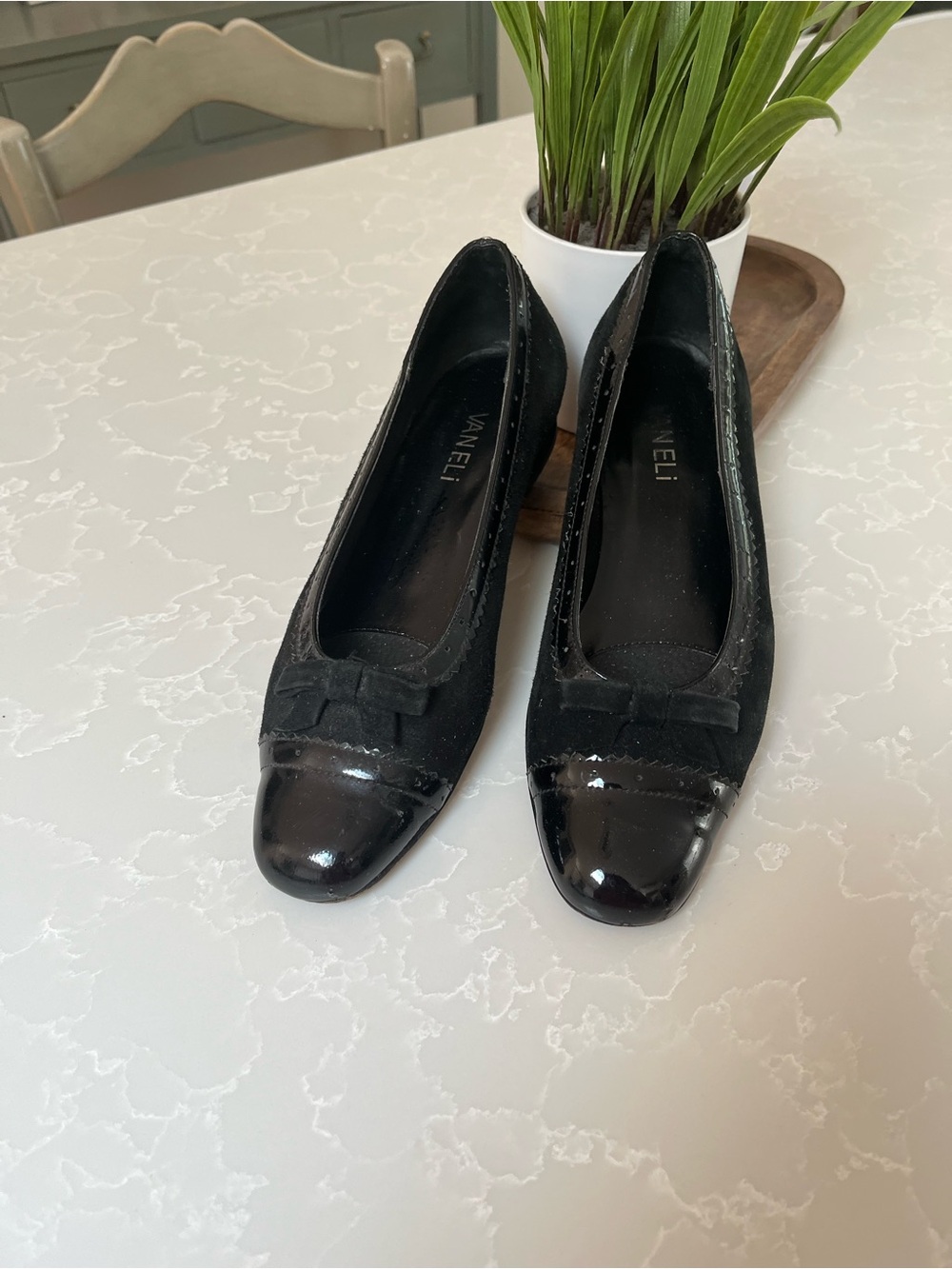 Vaneli Black Suede Flats with Patent Toe and Bow
